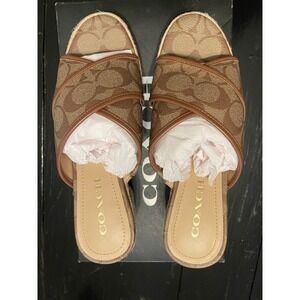 COACH Sloan Sig Espadrille Wedge Slide Sandals Khaki Saddle Signature Women's 7B